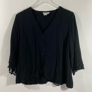 Soft Surroundings black button down blouse wide sleeves lace rayon size large